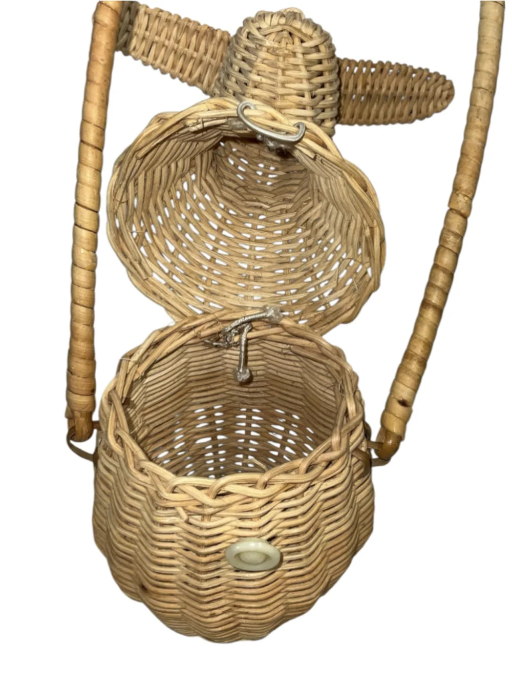 Vintage Handwoven Wicker Rabbit Bunny Basket Hinged 2-Compartment Long Handle